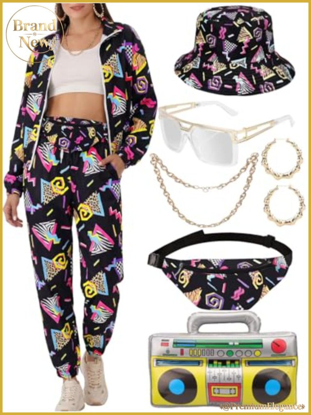 80s 90s Costume Set Women Neon Tracksuit Windbreaker Sweatpants 8 Piece